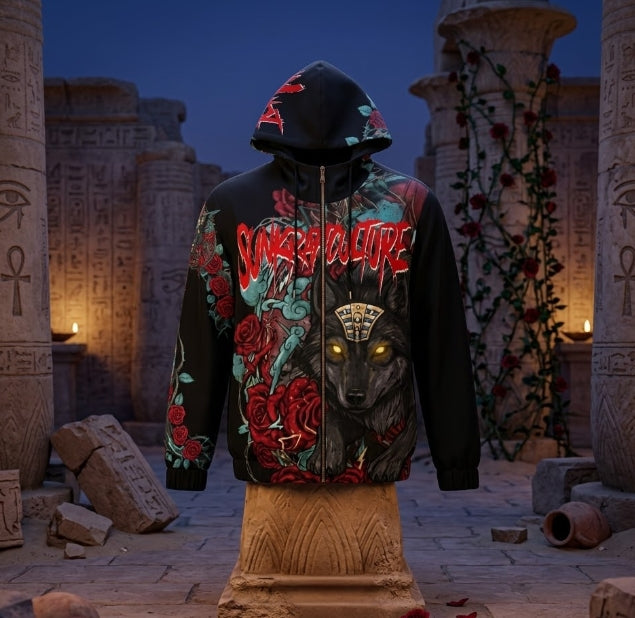 Alpha Wolf & Rose Graphic Zip Hoodie – Dark Streetwear Full-Zip Hoodie, Gothic Wolf Art Hoodie Unisex