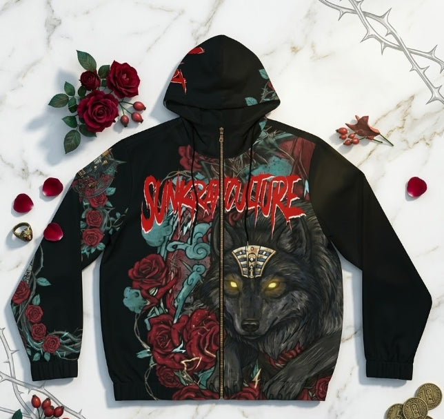 Alpha Wolf & Rose Graphic Zip Hoodie – Dark Streetwear Full-Zip Hoodie, Gothic Wolf Art Hoodie Unisex