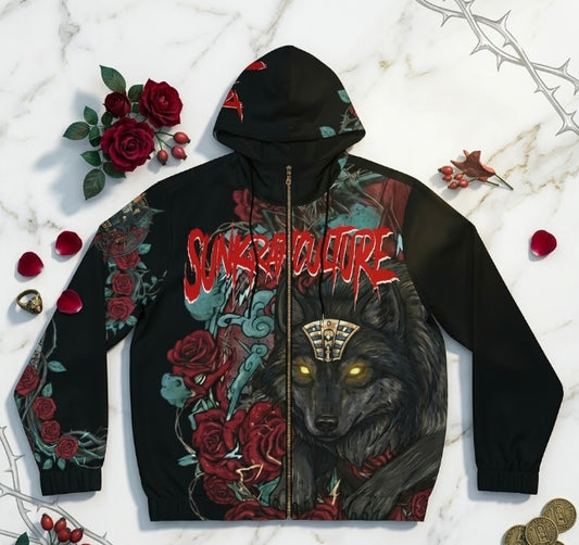 Alpha Wolf & Rose Graphic Zip Hoodie – Dark Streetwear Full-Zip Hoodie, Gothic Wolf Art Hoodie Unisex