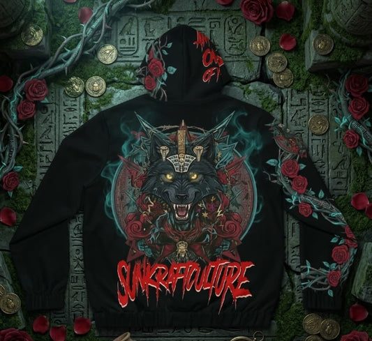 Alpha Wolf & Rose Graphic Zip Hoodie – Dark Streetwear Full-Zip Hoodie, Gothic Wolf Art Hoodie Unisex