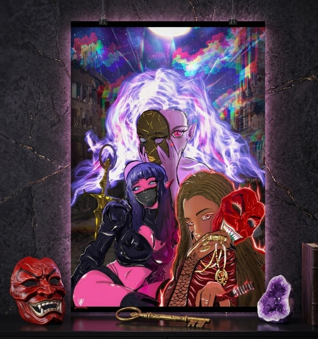Dark Fantasy Anime Wall Art Poster – Cyberpunk Masked Girl Neon Aesthetic | Japanese Oni Mask Gothic Anime Print